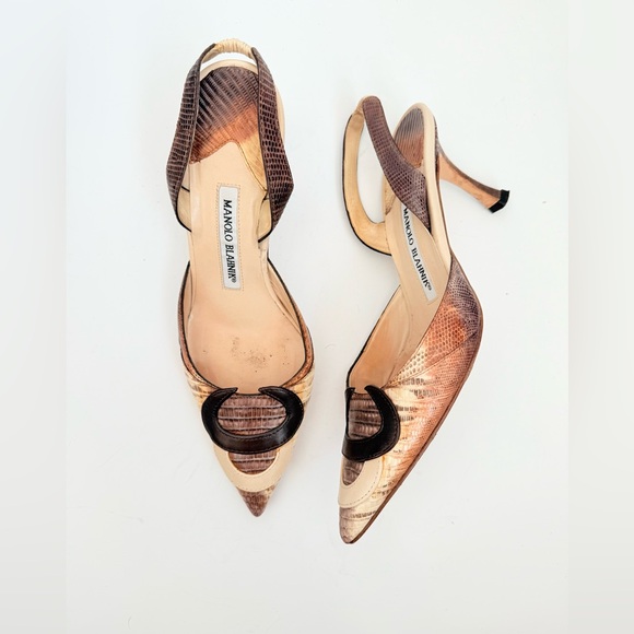 Manolo Blahnik Shoes - Manolo Blahnik Brown Tan Snakeskin leather embossed carolyne slingback pumps 38